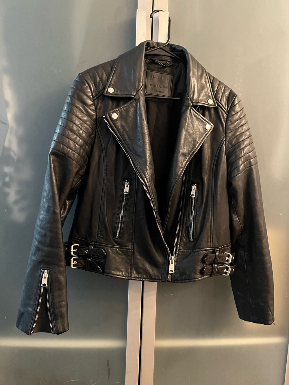 All Saints Black Leather Biker Jacket with Quilted Shoulders